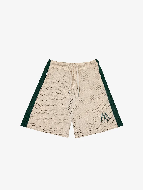 Men's side - stripe track shorts for a sporty running lookCREAM MESH SHORTS STRIPE "DARK GREEN" Men's side - stripe track shorts for a sporty running lookCREAM MESH SHORTS STRIPE "DARK GREEN"