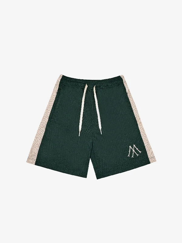 Men's adjustable - length convertible shorts for versatile useDARK GREEN MESH SHORTS STRIPE "CREAM" Men's adjustable - length convertible shorts for versatile useDARK GREEN MESH SHORTS STRIPE "CREAM"