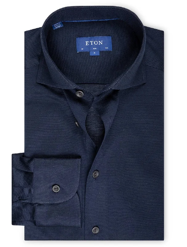 Men's Wrinkle - Resistant Polyester Blend Casual Shirts for Easy Travel and MaintenanceSlim Pique Jersey Slim Shirt Navy Men's Wrinkle - Resistant Polyester Blend Casual Shirts for Easy Travel and MaintenanceSlim Pique Jersey Slim Shirt Navy