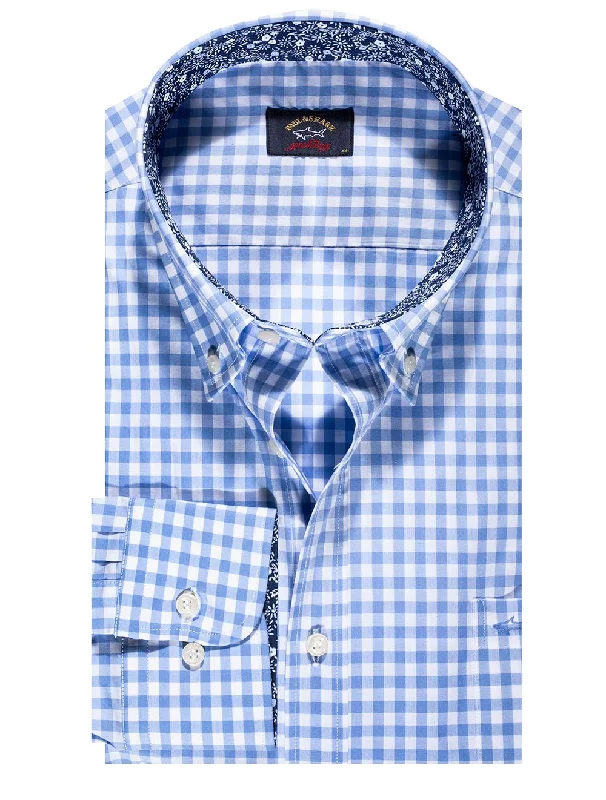 Men's Linen Blend Casual Shirts with Roll - Up Sleeves for a Summer Beach LookFloral Trim Check Shirt Blue