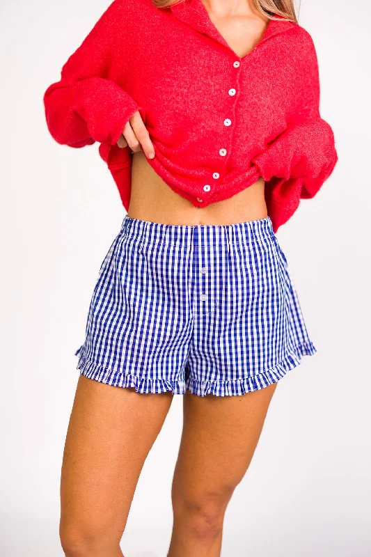 Men's wide - leg linen blend shorts for a relaxed beachside vibeGeorgia Gingham Ruffle Hem Shorts in Blue Men's wide - leg linen blend shorts for a relaxed beachside vibeGeorgia Gingham Ruffle Hem Shorts in Blue