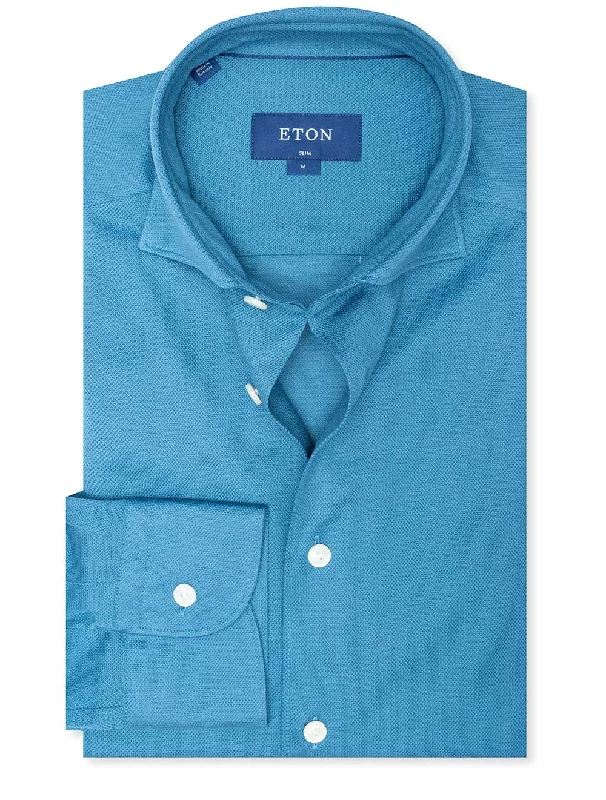 Men's Wrinkle - Resistant Polyester Blend Casual Shirts for Easy Travel and MaintenanceSlim Fit Jersey Piqu�� Shirt Blue Men's Wrinkle - Resistant Polyester Blend Casual Shirts for Easy Travel and MaintenanceSlim Fit Jersey Piqu�� Shirt Blue