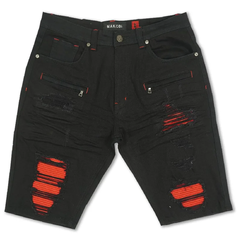 Men's plaid pattern wool blend shorts for a preppy fall styleM970 Galveston Biker Shredded Shorts - Black-Red Men's plaid pattern wool blend shorts for a preppy fall styleM970 Galveston Biker Shredded Shorts - Black-Red