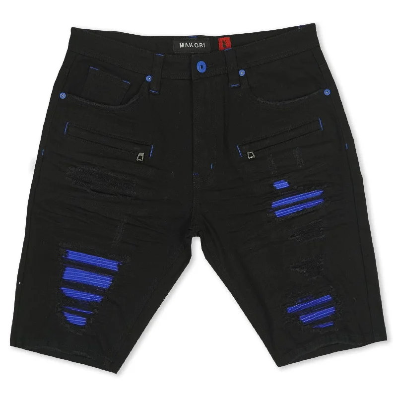 Men's button - fly denim work shorts for durability on the jobM970 Galveston Biker Shredded Shorts - Black-Royal Men's button - fly denim work shorts for durability on the jobM970 Galveston Biker Shredded Shorts - Black-Royal