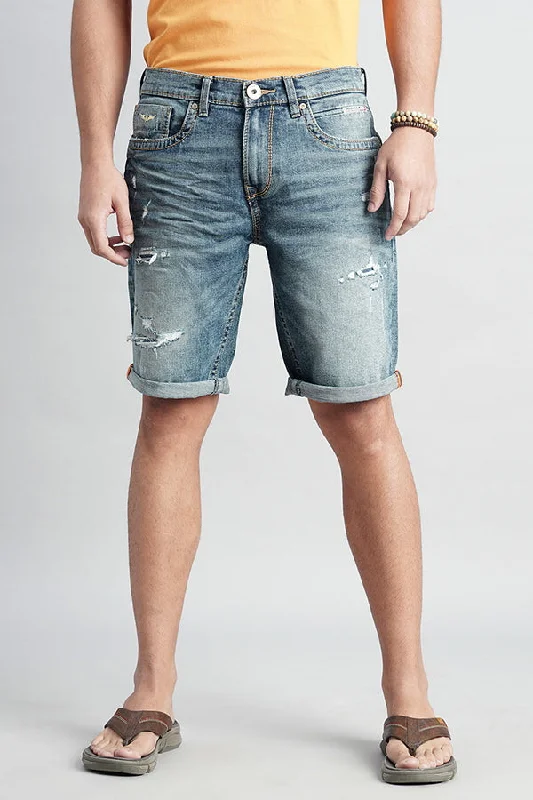 Men's ripped denim shorts for a trendy streetwear aestheticMed Blue Denim Short