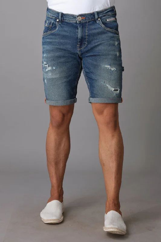 Men's high - waisted swim shorts with UPF protection for beach vacationsMed Blue Denim Short Men's high - waisted swim shorts with UPF protection for beach vacationsMed Blue Denim Short