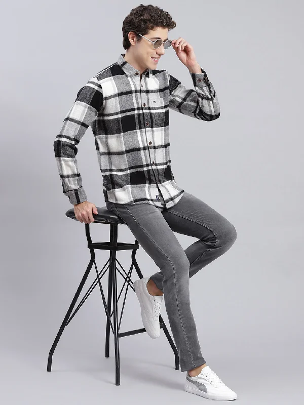 Men's Linen Blend Casual Shirts with Roll - Up Sleeves for a Summer Beach LookMen Black Check Poly Acrylic Shirt