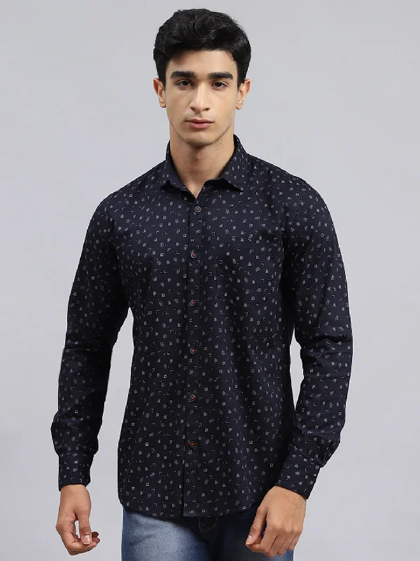 Men's Embroidered Detail Casual Shirts in Beige for a Touch of EleganceMen Navy Blue Printed Shirt Men's Embroidered Detail Casual Shirts in Beige for a Touch of EleganceMen Navy Blue Printed Shirt