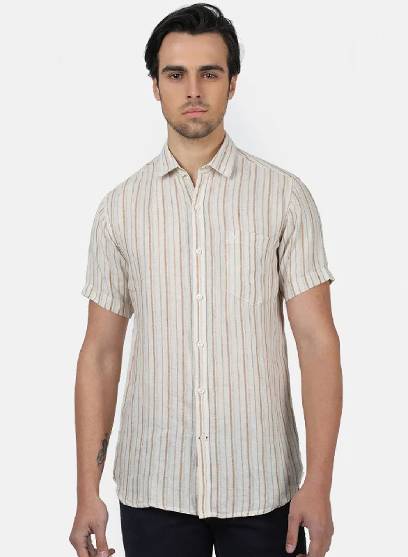 Men's Embroidered Detail Casual Shirts in Beige for a Touch of EleganceMen Brown Stripe Shirts Men's Embroidered Detail Casual Shirts in Beige for a Touch of EleganceMen Brown Stripe Shirts