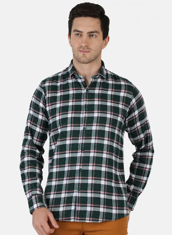 Men's Linen Blend Casual Shirts with Roll - Up Sleeves for a Summer Beach LookMen Green Check Shirt