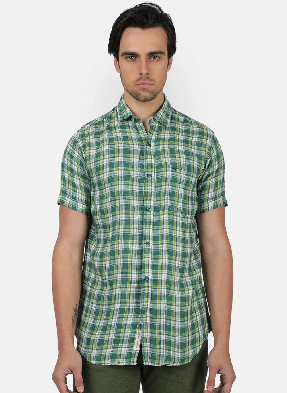 Men's Short - Sleeve Linen Casual Shirts in Light Khaki for a Breathable Summer OptionMen Green Check Shirts Men's Short - Sleeve Linen Casual Shirts in Light Khaki for a Breathable Summer OptionMen Green Check Shirts