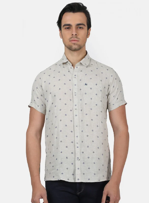 Men's Linen Blend Casual Shirts with Roll - Up Sleeves for a Summer Beach LookMen Grey Printed Shirts