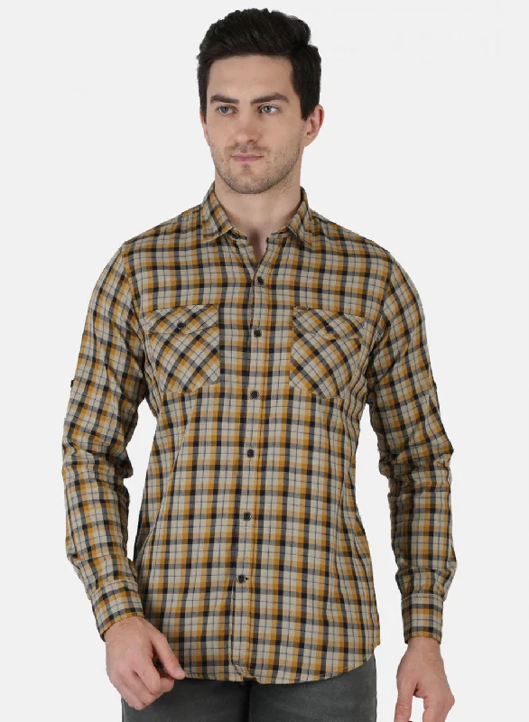 Men's Stretch - Fabric Casual Shirts in Navy Blue for a Comfortable and Flexible FitMen Mustard Check Shirt Men's Stretch - Fabric Casual Shirts in Navy Blue for a Comfortable and Flexible FitMen Mustard Check Shirt