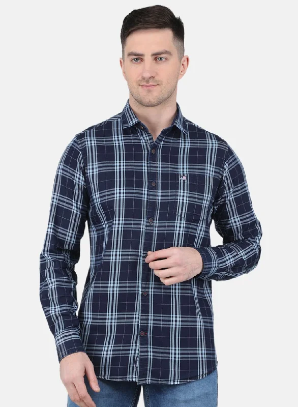 Plus Size Men's Plaid Flannel Casual Shirts in Earth Tones for a Cozy Fall OutfitMen NAvy Blue Check Shirt