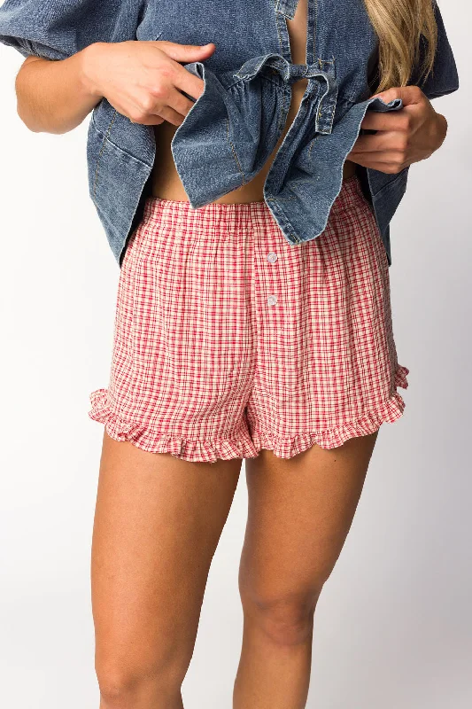 Men's flat - front chino shorts for semi - formal summer eventsGeorgia Gingham Ruffle Hem Shorts in Cherry Field Men's flat - front chino shorts for semi - formal summer eventsGeorgia Gingham Ruffle Hem Shorts in Cherry Field