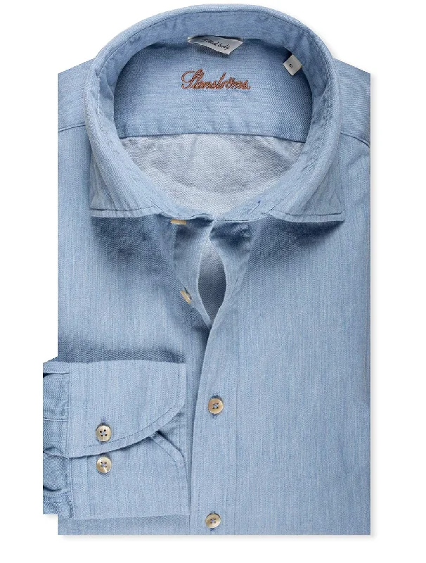 Plus Size Men's Striped Chambray Casual Shirts with a Spread Collar for a Preppy AppearanceLight Denim Shirt Navy Plus Size Men's Striped Chambray Casual Shirts with a Spread Collar for a Preppy AppearanceLight Denim Shirt Navy