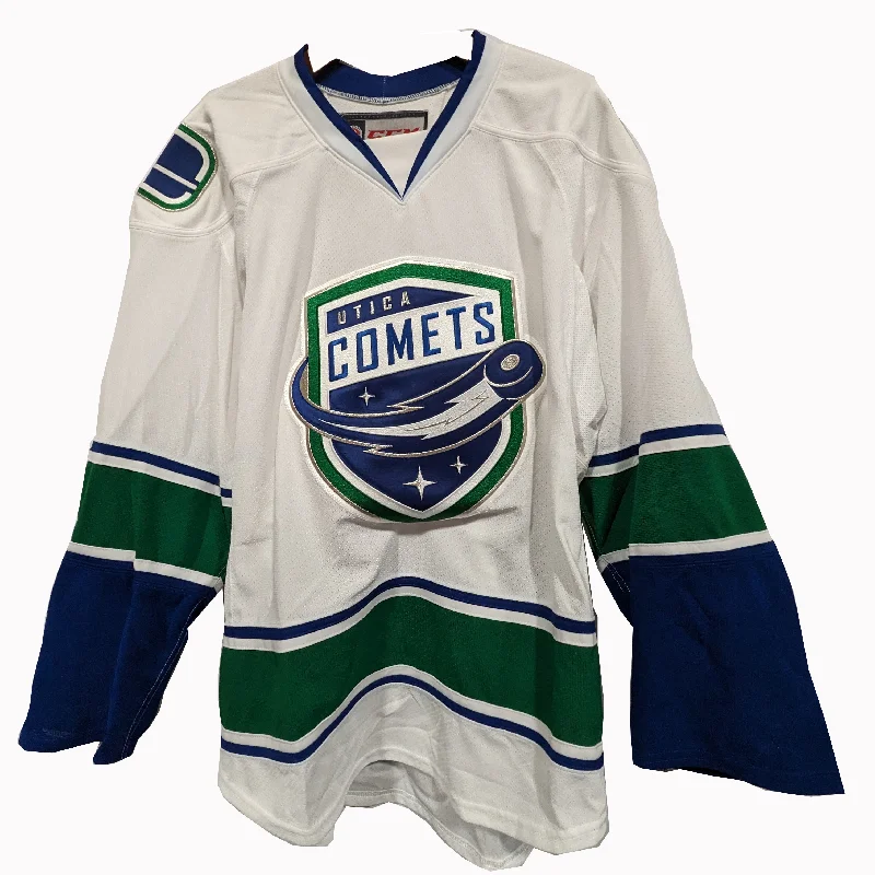 Men's Sustainable Organic Cotton Rugby Jerseys for Eco - Conscious Sports EnthusiastsAHL - Utica Comets Away Jersey (White/Blue/Green) Men's Sustainable Organic Cotton Rugby Jerseys for Eco - Conscious Sports EnthusiastsAHL - Utica Comets Away Jersey (White/Blue/Green)