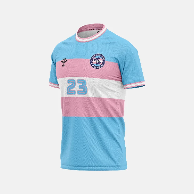 Men's Custom - Printed Baseball Jerseys with Player Names and Numbers for Personalized StylePhiladelphia Falcons Pink/Blue Jersey Men's Custom - Printed Baseball Jerseys with Player Names and Numbers for Personalized StylePhiladelphia Falcons Pink/Blue Jersey