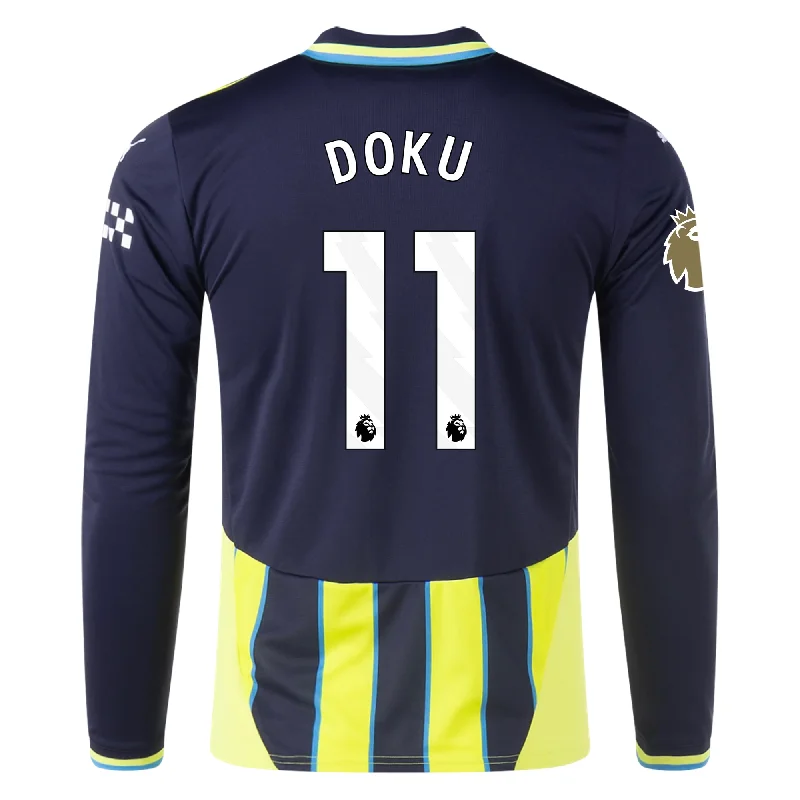 Men's Breathable Polyester Running Jerseys in Bright Neon Colors for High - Visibility WorkoutsPuma Manchester City Jeremy Doku Long Sleeve Away Jersey w/ EPL + Club World Cup Patch 24/25 (New Navy/Yellow Glow)