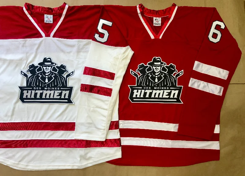 Men's Throwback Rugby Jerseys of Historic Matches and Teams for Rugby History BuffsRed and White Hockey Jerseys with the Des Moines Hitmen Twill Logo Men's Throwback Rugby Jerseys of Historic Matches and Teams for Rugby History BuffsRed and White Hockey Jerseys with the Des Moines Hitmen Twill Logo