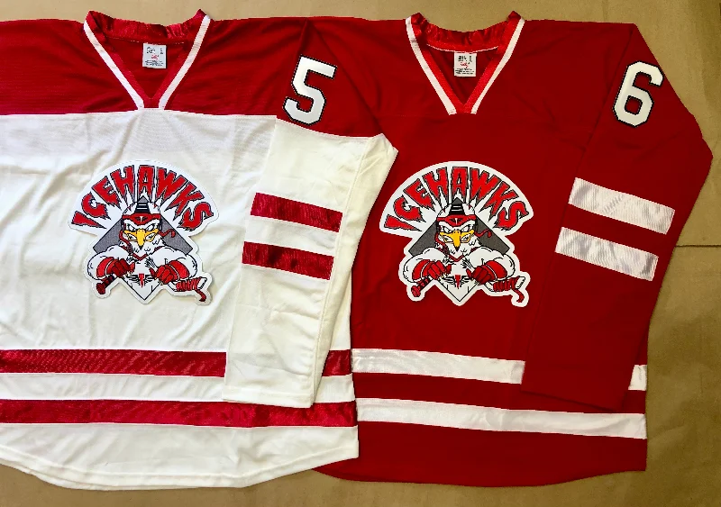 Men's Moisture - Wicking Lacrosse Jerseys with Mesh Panels for Optimal Performance on the FieldRed and White Hockey Jerseys with the Ice Hawks Twill Logo Men's Moisture - Wicking Lacrosse Jerseys with Mesh Panels for Optimal Performance on the FieldRed and White Hockey Jerseys with the Ice Hawks Twill Logo