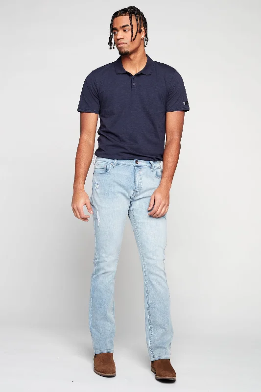 Men's Distressed Jeans with Patches for a Retro and DIY - Inspired Appearance5 Pocket Bootcut Jeans - Blue Bleach
