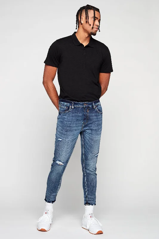 Men's High - Waisted Jeans in a Medium Wash for a Vintage - Style Revival5 Pocket Cropped Slim Fit Jeans - Vintage Medium Blue Men's High - Waisted Jeans in a Medium Wash for a Vintage - Style Revival5 Pocket Cropped Slim Fit Jeans - Vintage Medium Blue