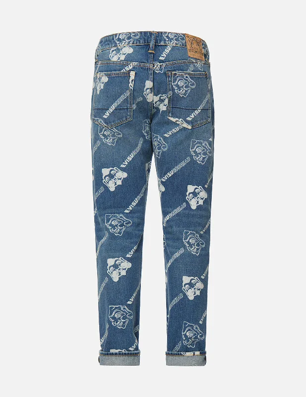 Men's Distressed Jeans with Patches for a Retro and DIY - Inspired AppearanceAllover Godhead and Logo Discharged Print Carrot-Fit Jeans #2017 Men's Distressed Jeans with Patches for a Retro and DIY - Inspired AppearanceAllover Godhead and Logo Discharged Print Carrot-Fit Jeans #2017