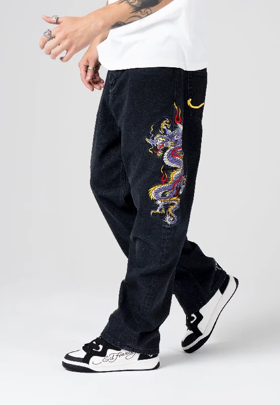 Men's Jeans with a Zip - Off Lower Leg for Convertible StyleMens Battle-Dragon Tattoo Denim Trousers Baggy Jeans - Black Men's Jeans with a Zip - Off Lower Leg for Convertible StyleMens Battle-Dragon Tattoo Denim Trousers Baggy Jeans - Black