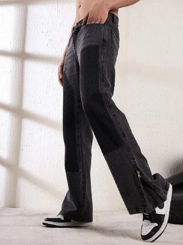 Men's Jeans with a Frayed Hem for a Casual and Effortless StyleBlack Contrast Patched Flared Zipped Denim Men's Jeans with a Frayed Hem for a Casual and Effortless StyleBlack Contrast Patched Flared Zipped Denim