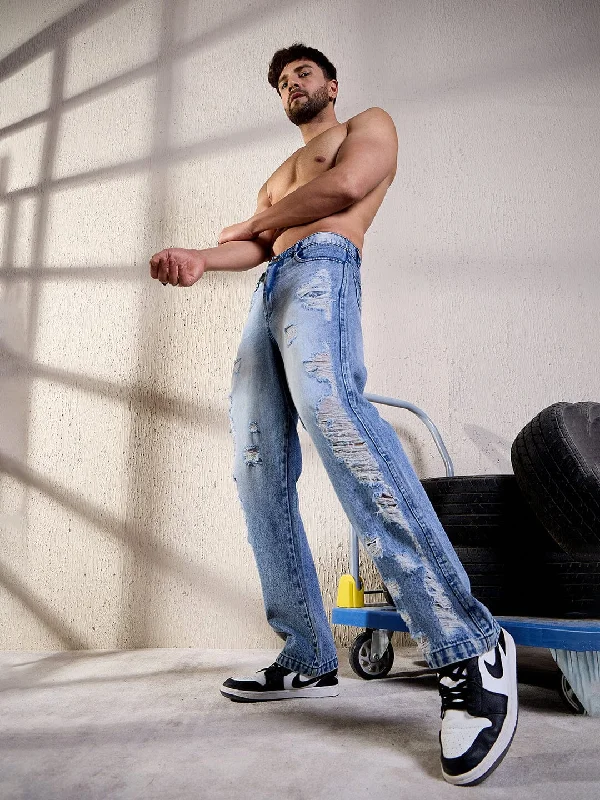 Men's Straight Leg Raw Denim Jeans for a Minimalist and Durable OptionBlue Heavy Distressed Straight Fit Denim Men's Straight Leg Raw Denim Jeans for a Minimalist and Durable OptionBlue Heavy Distressed Straight Fit Denim