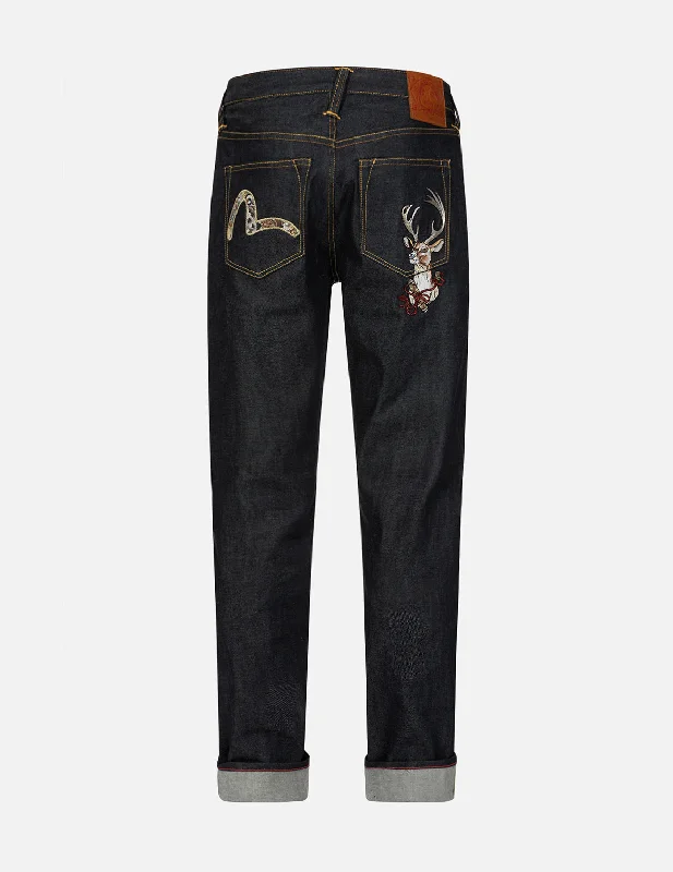 Men's Jeans with an Elastic Waistband for Ultimate ComfortDeer and Seagull Embroidery Slim Fit Selvedge Denim Jeans #2010 Men's Jeans with an Elastic Waistband for Ultimate ComfortDeer and Seagull Embroidery Slim Fit Selvedge Denim Jeans #2010