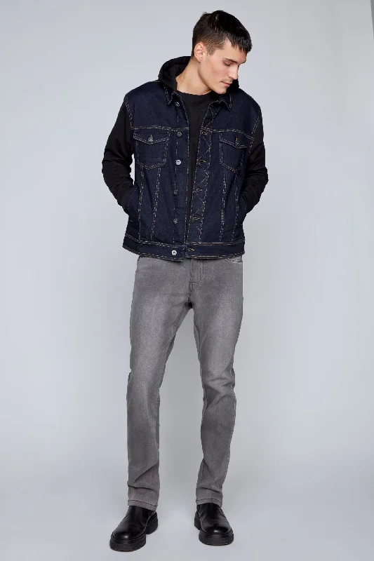 Men's Jeans with a Zip - Off Lower Leg for Convertible StyleDenim Hybrid Hoodie Jacket - Blue/Black Rinse Wash Men's Jeans with a Zip - Off Lower Leg for Convertible StyleDenim Hybrid Hoodie Jacket - Blue/Black Rinse Wash