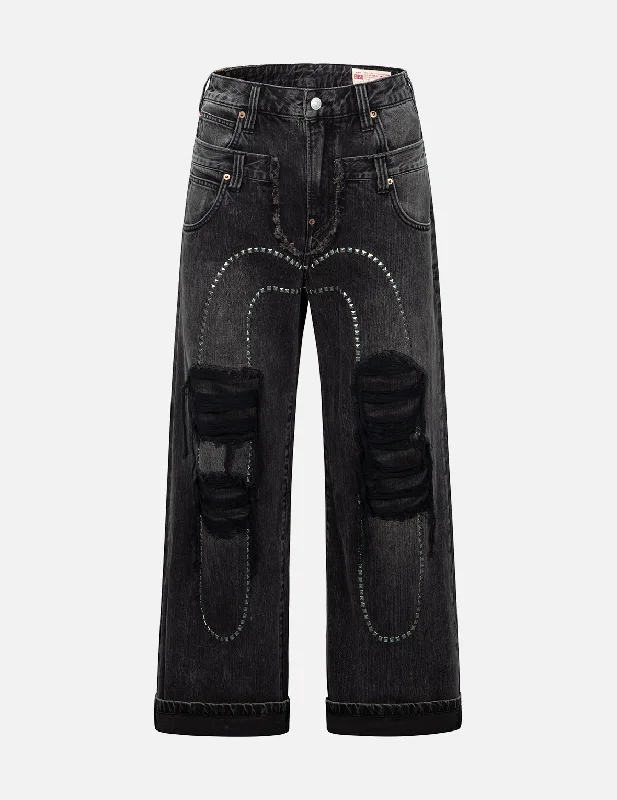 Men's Distressed Jeans with Patches for a Retro and DIY - Inspired AppearanceDistressed Studded Daicock and Fair Isle Snowflake Printed Pocket Fashion Fit Jeans Men's Distressed Jeans with Patches for a Retro and DIY - Inspired AppearanceDistressed Studded Daicock and Fair Isle Snowflake Printed Pocket Fashion Fit Jeans