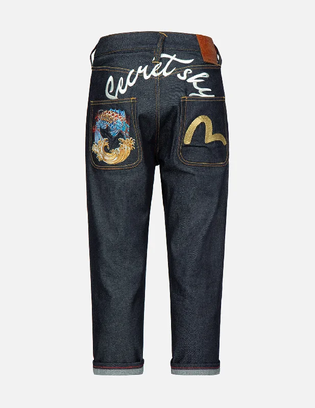 Men's Cargo Jeans with Multiple Pockets for a Practical and Outdoor - Friendly LookDragon-Koi and Seagull Embroidery Cropped-Fit Jeans #2027 Men's Cargo Jeans with Multiple Pockets for a Practical and Outdoor - Friendly LookDragon-Koi and Seagull Embroidery Cropped-Fit Jeans #2027