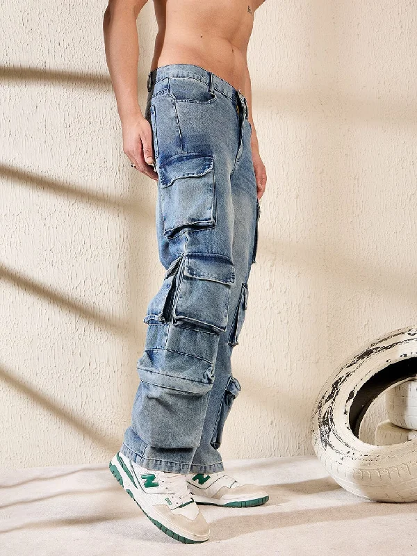 Men's Stretch Jeans with a Moisture - Wicking Lining for Active LifestylesDusty Blue Multi Pocket Cargo Denim Men's Stretch Jeans with a Moisture - Wicking Lining for Active LifestylesDusty Blue Multi Pocket Cargo Denim