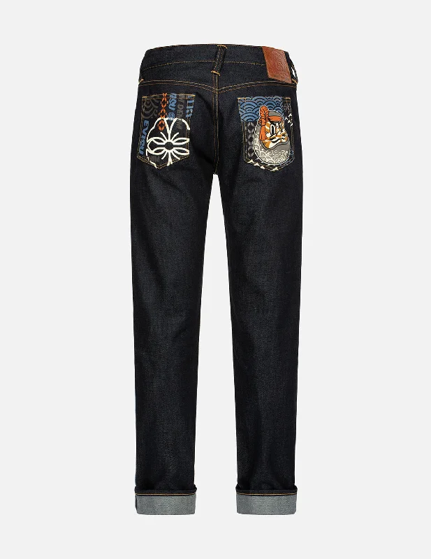 Men's Low - Rise Jeans in a Light Wash for a Casual and Youthful LookFair Isle Pattern and Kumadori Daruma Print Slim Fit Denim Jeans #2010 Men's Low - Rise Jeans in a Light Wash for a Casual and Youthful LookFair Isle Pattern and Kumadori Daruma Print Slim Fit Denim Jeans #2010