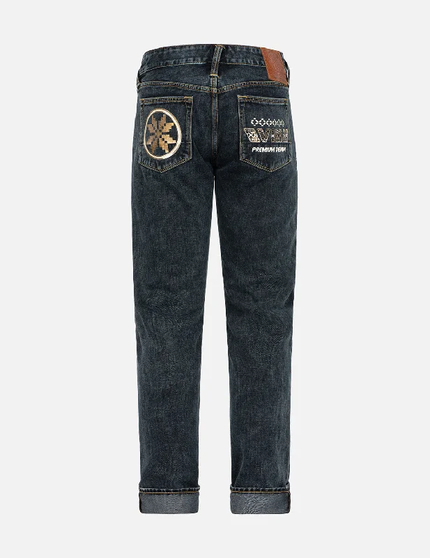 Men's Distressed Jeans with Patches for a Retro and DIY - Inspired AppearanceFair Isle Pattern Kamon and Logo Print Carrot Fit Jeans #2017