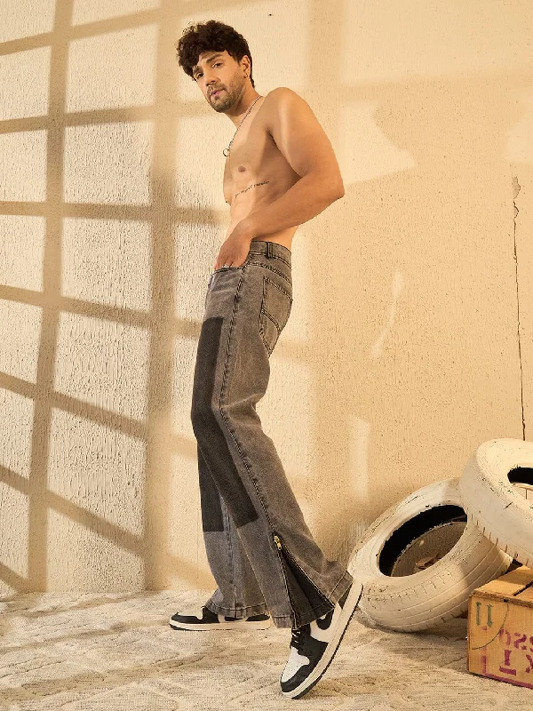 Men's Slim Fit Stretch Jeans in Dark Wash for a Modern and Comfortable LookGrey Contrast Patched Flared Zipped Denim Men's Slim Fit Stretch Jeans in Dark Wash for a Modern and Comfortable LookGrey Contrast Patched Flared Zipped Denim