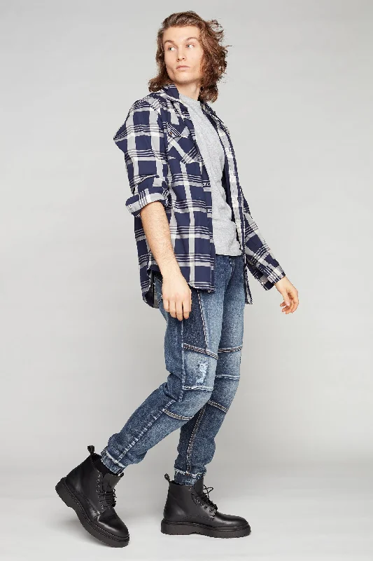 Plus Size Men's Bootcut Jeans with a Belt Loop Upgrade for a Stylish TouchHENDRIX - 5 Pocket Moto Stitch Jogger - Vintage Medium Blue Plus Size Men's Bootcut Jeans with a Belt Loop Upgrade for a Stylish TouchHENDRIX - 5 Pocket Moto Stitch Jogger - Vintage Medium Blue