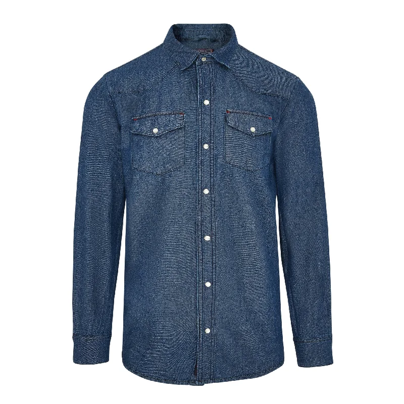 Men's Jeans with a Button - Fly for a Traditional and Classic AestheticHolton mens long sleeve light weight denim shirt in dark wash Men's Jeans with a Button - Fly for a Traditional and Classic AestheticHolton mens long sleeve light weight denim shirt in dark wash
