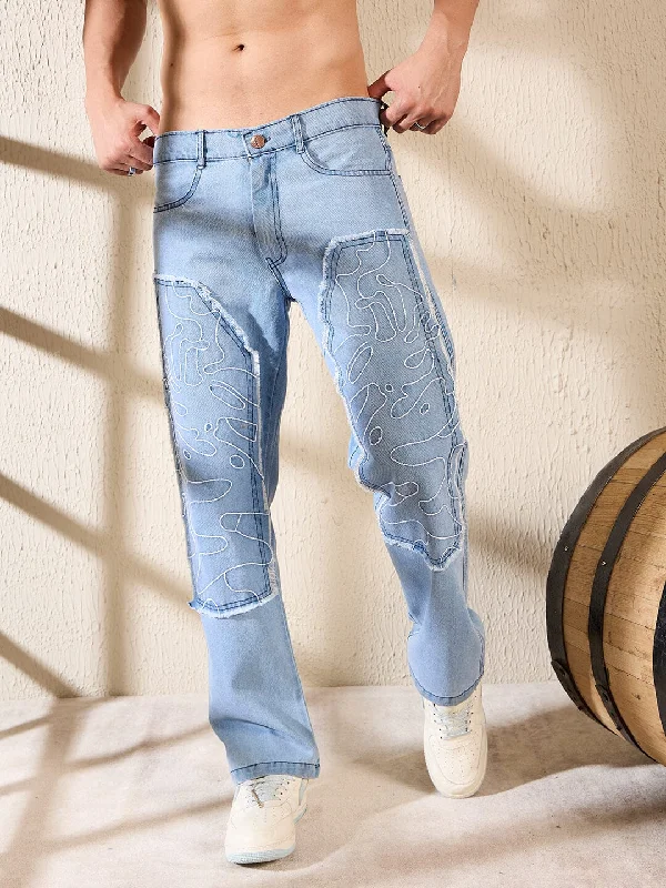 Men's Low - Rise Jeans in a Light Wash for a Casual and Youthful LookIce Embroidered Panel Carpenter Denim Men's Low - Rise Jeans in a Light Wash for a Casual and Youthful LookIce Embroidered Panel Carpenter Denim