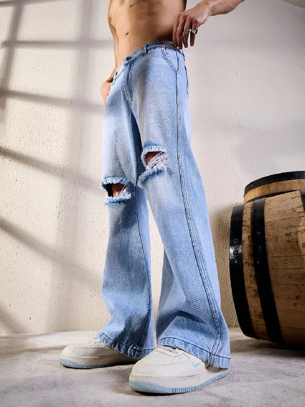Plus Size Men's Bootcut Jeans with a Belt Loop Upgrade for a Stylish TouchIce Knee Ripped Flared Denim Plus Size Men's Bootcut Jeans with a Belt Loop Upgrade for a Stylish TouchIce Knee Ripped Flared Denim