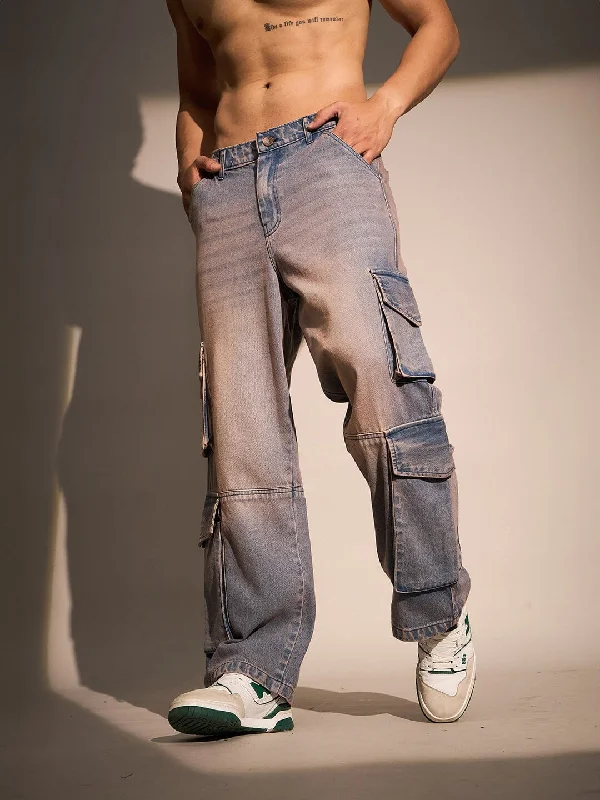 Plus Size Men's Relaxed Fit Jeans with a Tapered Leg for a Laid - Back VibeIndigo Dusty Wash Cargo Denim Plus Size Men's Relaxed Fit Jeans with a Tapered Leg for a Laid - Back VibeIndigo Dusty Wash Cargo Denim