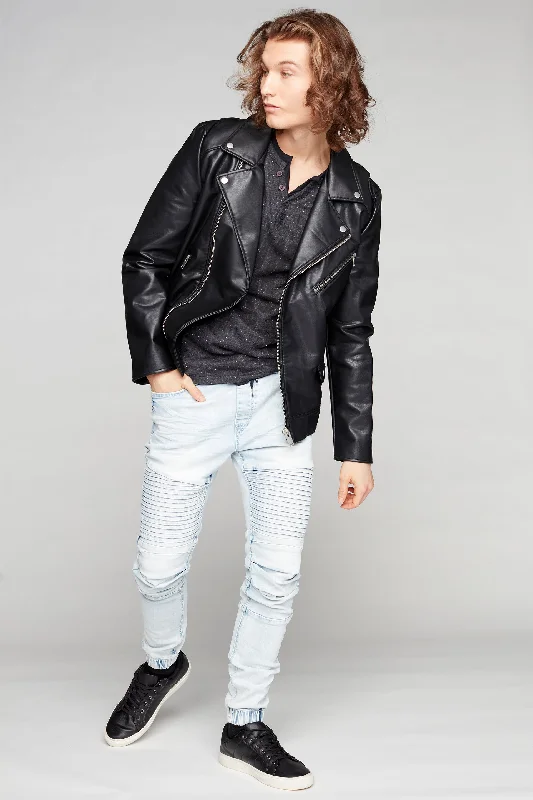 Men's Slim Fit Stretch Jeans in Dark Wash for a Modern and Comfortable LookJACKSON - 5 Pocket Moto Pintuck Jogger - Light Indigo Acid Wash Men's Slim Fit Stretch Jeans in Dark Wash for a Modern and Comfortable LookJACKSON - 5 Pocket Moto Pintuck Jogger - Light Indigo Acid Wash