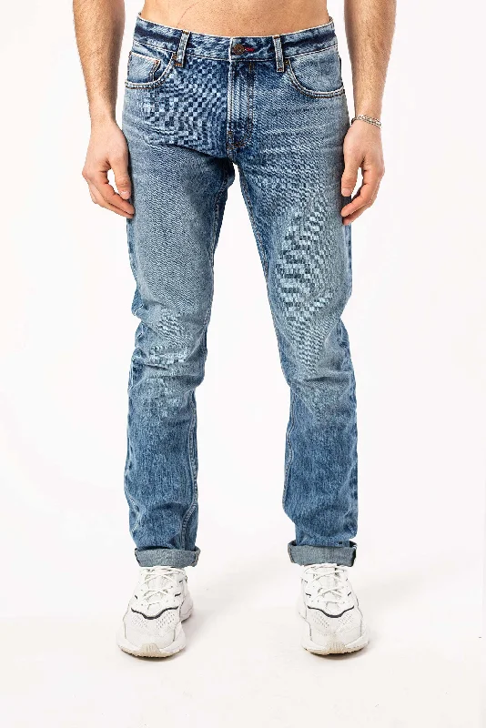 Men's Distressed Jeans with Patches for a Retro and DIY - Inspired AppearanceKlondike Slim Fit Selvedge Jeans In Light Wash Men's Distressed Jeans with Patches for a Retro and DIY - Inspired AppearanceKlondike Slim Fit Selvedge Jeans In Light Wash