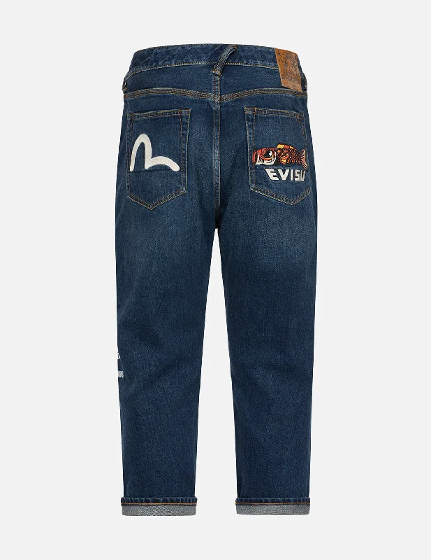 Men's Jeans with an Elastic Waistband for Ultimate ComfortKoinobori Print and Seagull Embroidery Cropped-Fit Jeans #2027 Men's Jeans with an Elastic Waistband for Ultimate ComfortKoinobori Print and Seagull Embroidery Cropped-Fit Jeans #2027