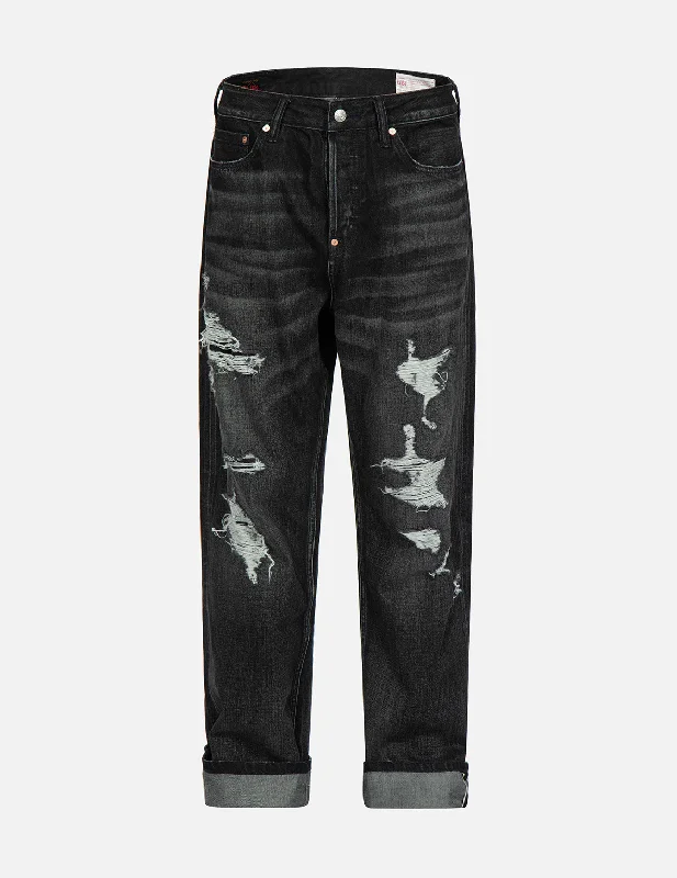 Men's Jeans with a Cargo - Inspired Knee Pocket for Extra StorageLogo Print Loose-Fit Distressed Denim Jeans Men's Jeans with a Cargo - Inspired Knee Pocket for Extra StorageLogo Print Loose-Fit Distressed Denim Jeans