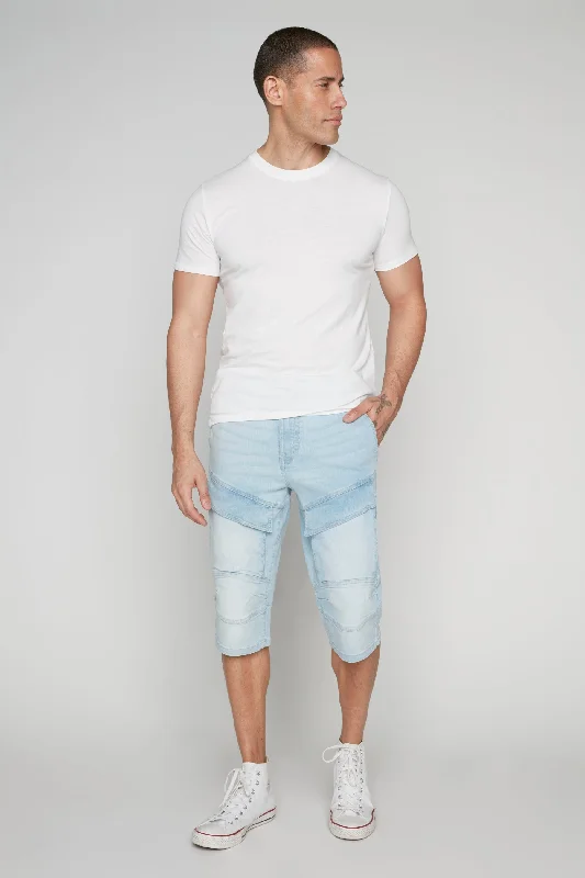 Men's Distressed Jeans with Patches for a Retro and DIY - Inspired AppearanceMen's 5-Pocket Denim Cargo Capri Shorts - Blue Bleach