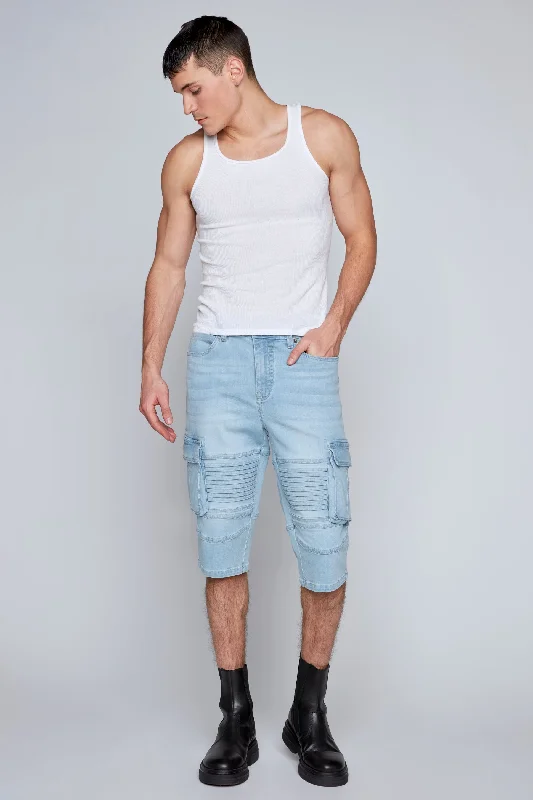 Men's Low - Rise Jeans in a Light Wash for a Casual and Youthful LookMen's 5-Pocket Denim Moto Cargo Capri Shorts - Blue Bleach Men's Low - Rise Jeans in a Light Wash for a Casual and Youthful LookMen's 5-Pocket Denim Moto Cargo Capri Shorts - Blue Bleach